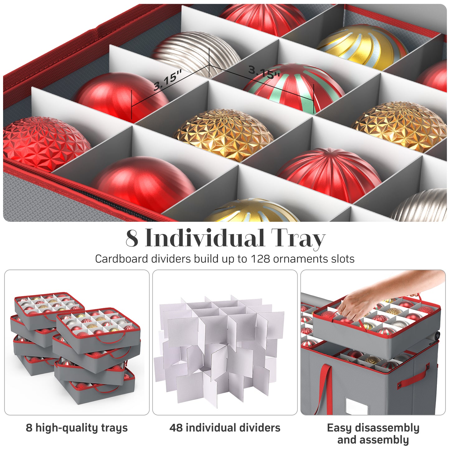 Christmas Ornament Storage Box with 8 Trays(Grey)