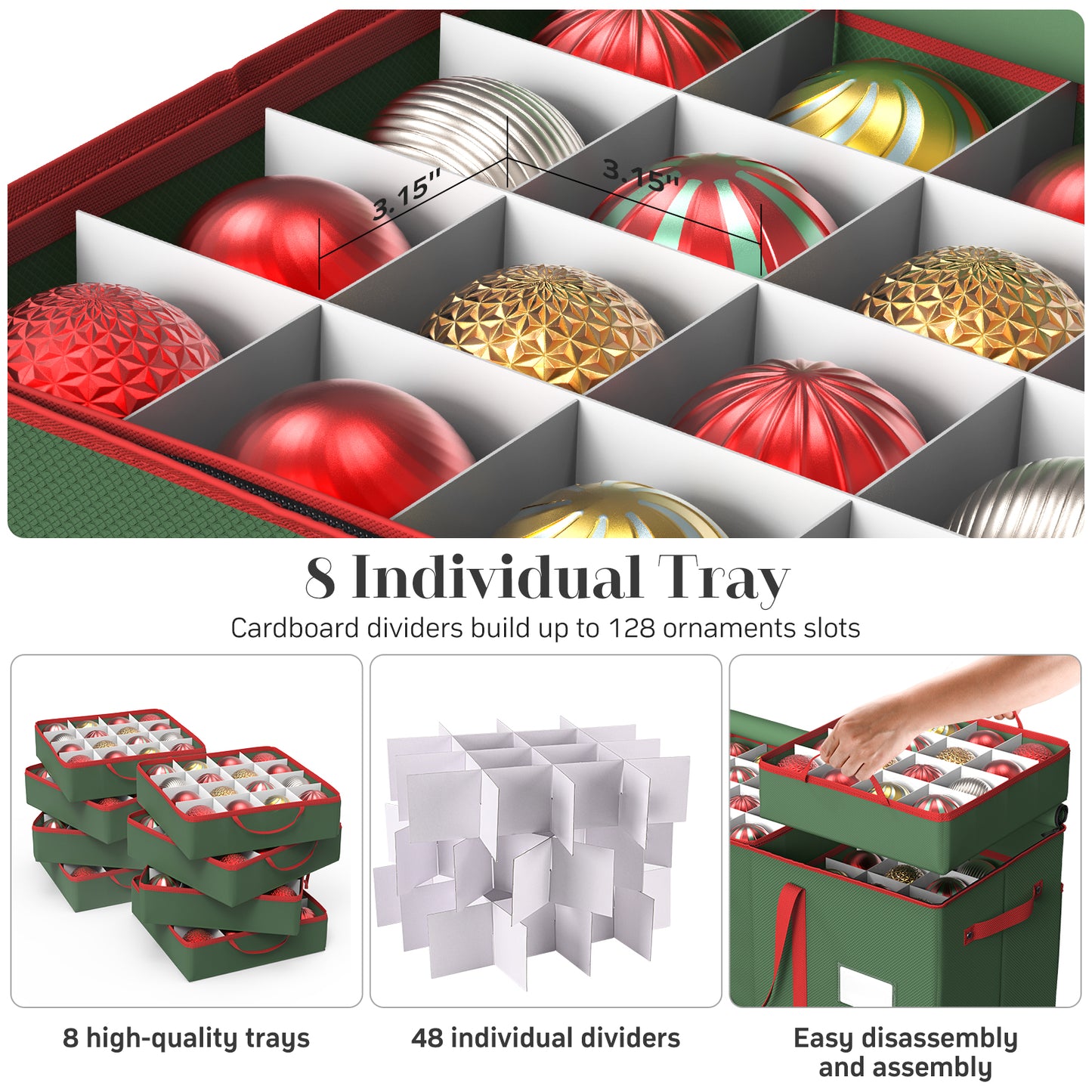 Christmas Ornament Storage Box with 8 Trays(Green)