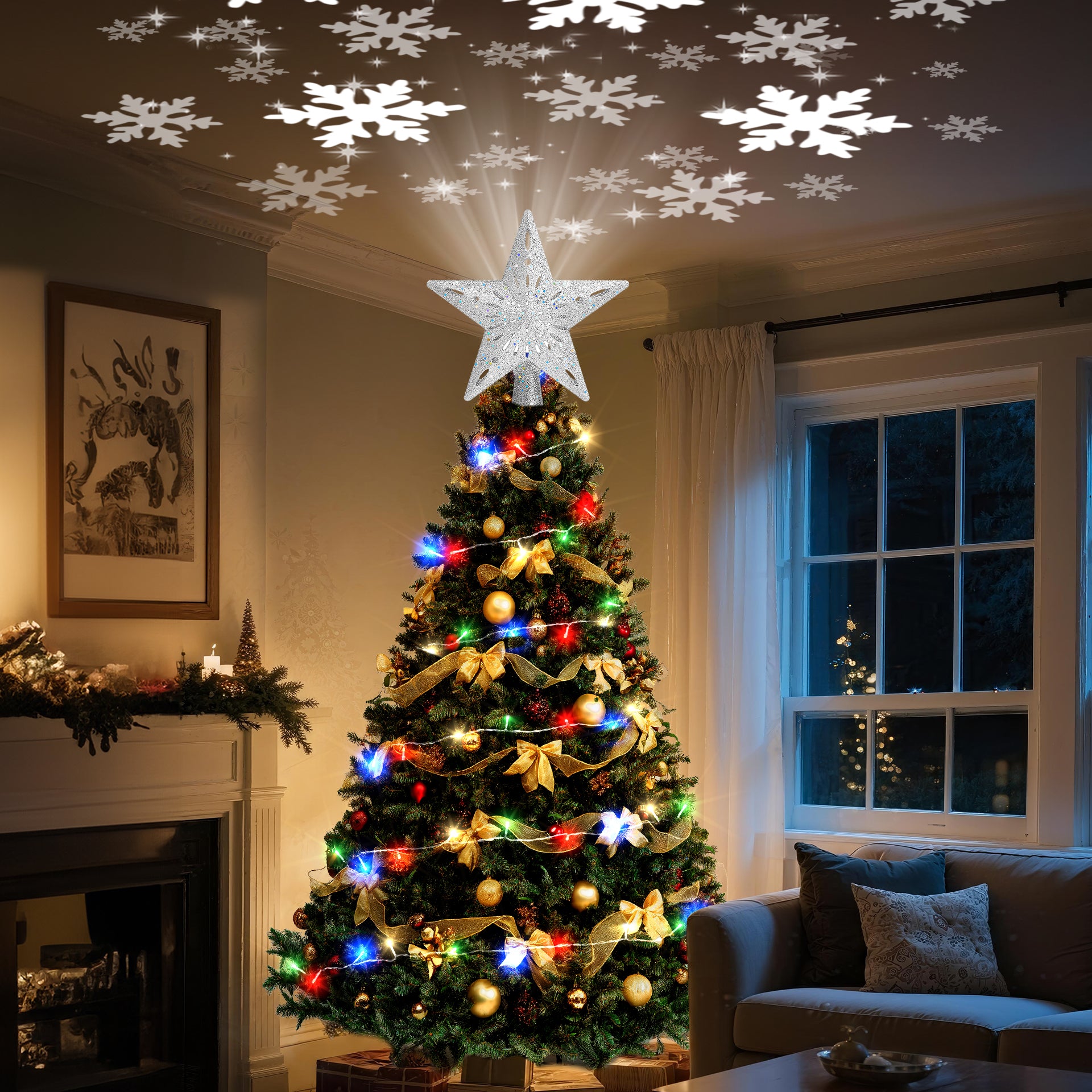 Christmas Tree Topper Star with Colorful Christmas String Lights (Silver)