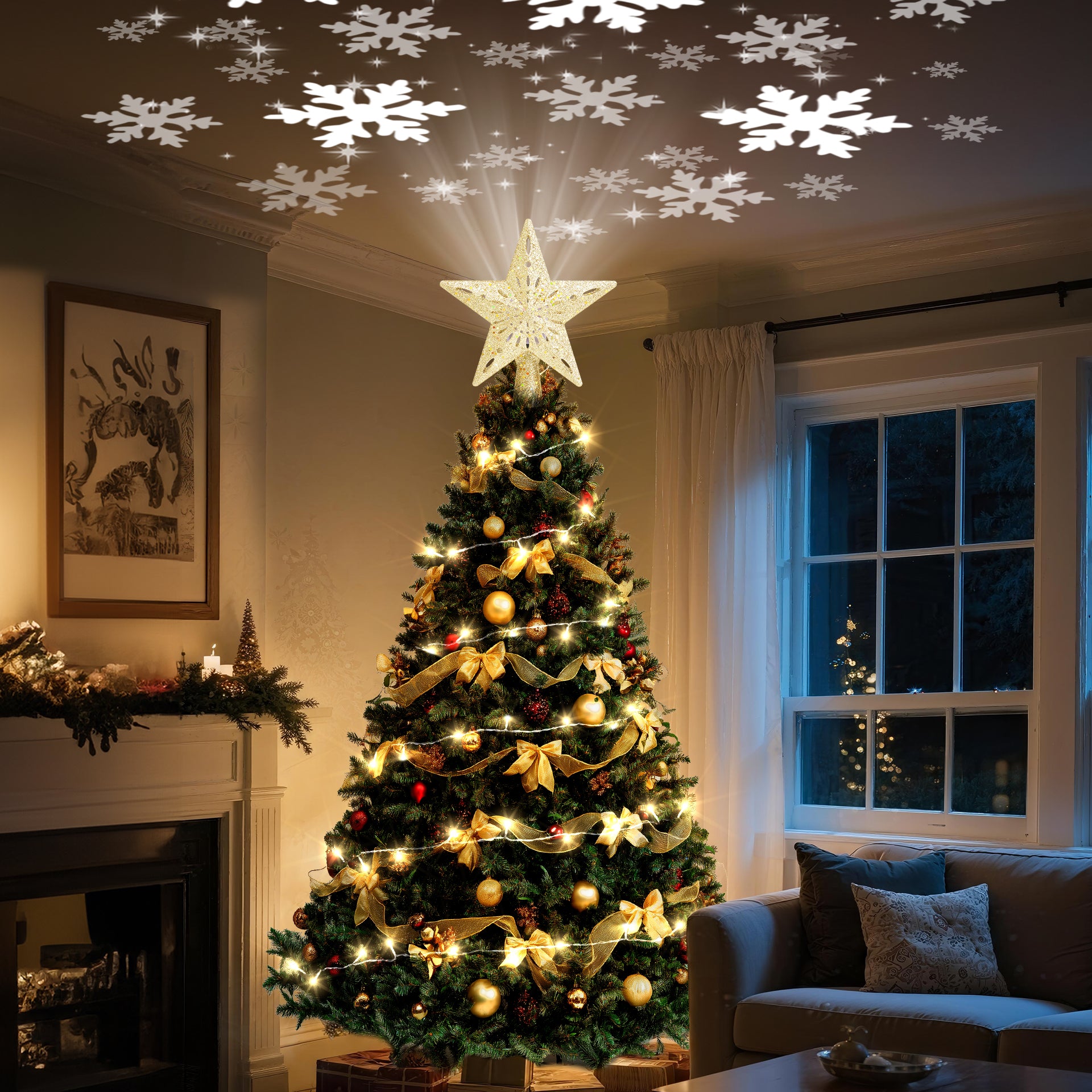 Christmas Tree Topper Star Lighted with Warm Christmas String Lights(Gold)
