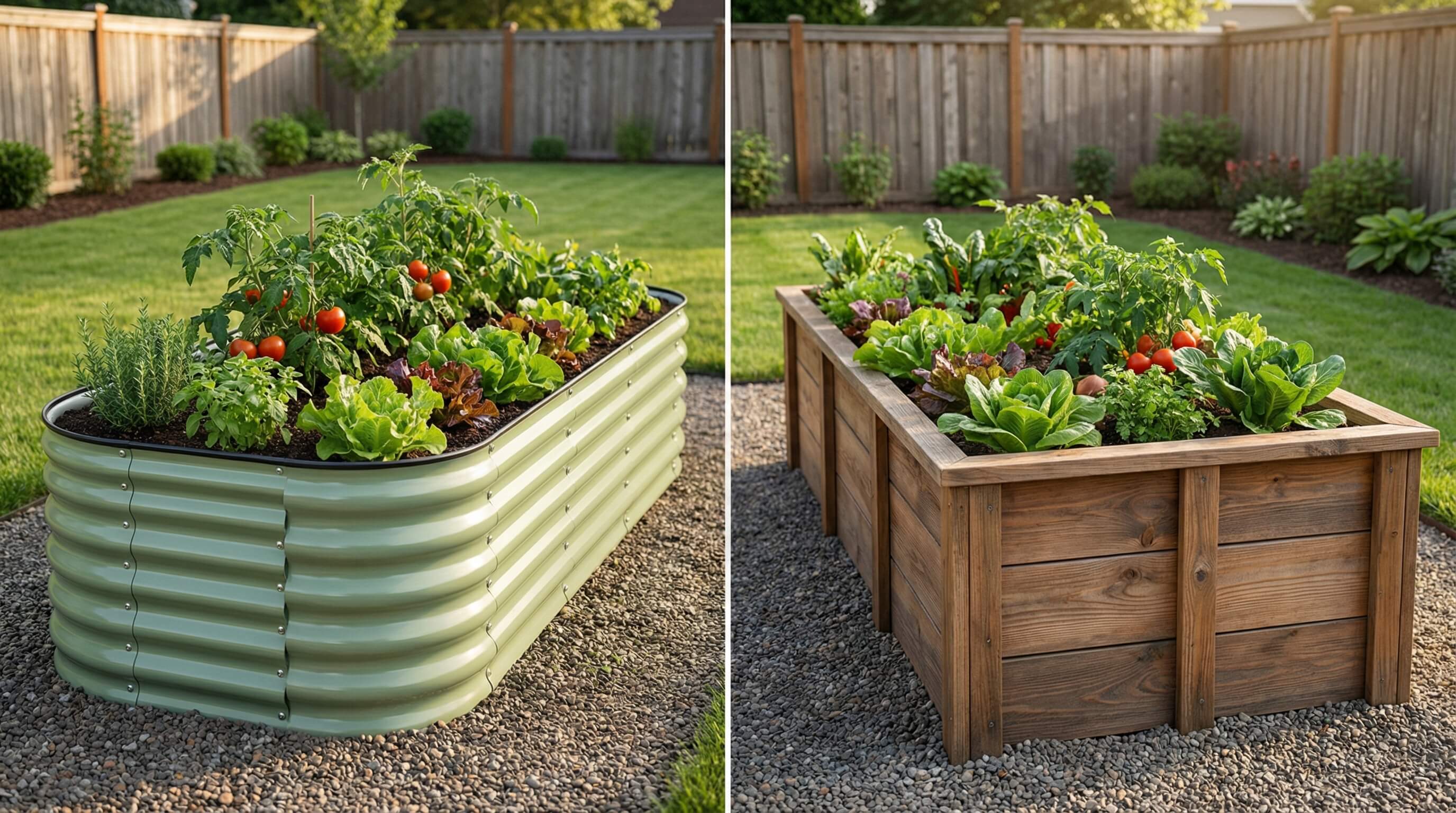 metal vs wood raised garden bed comparison in backyard