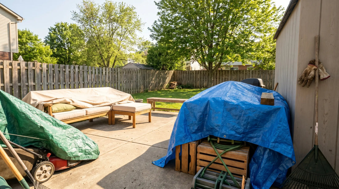 Heavy duty waterproof tarps covering firewood, patio furniture, and outdoor equipment in a backyard.