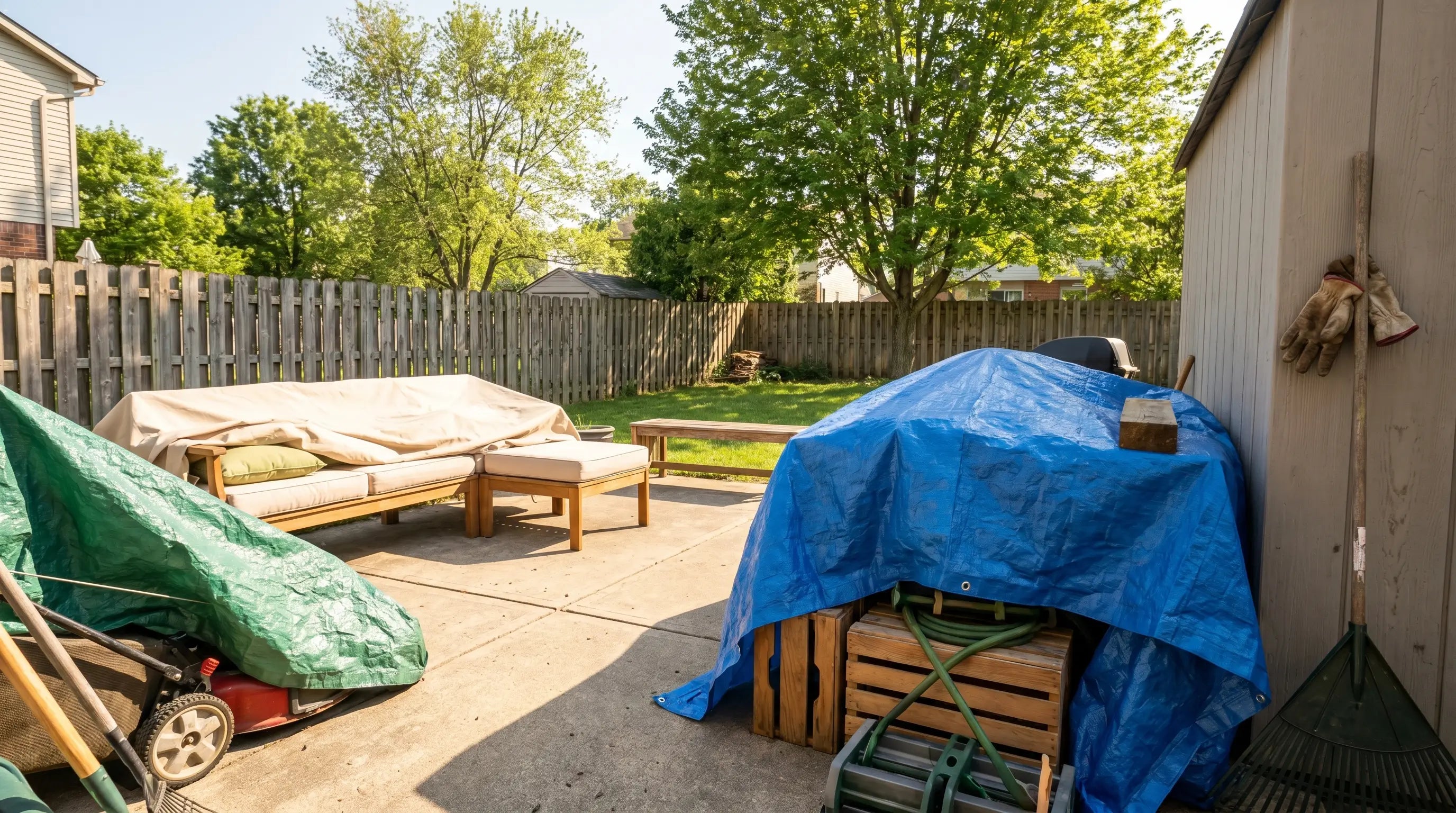 Heavy duty waterproof tarps covering firewood, patio furniture, and outdoor equipment in a backyard.