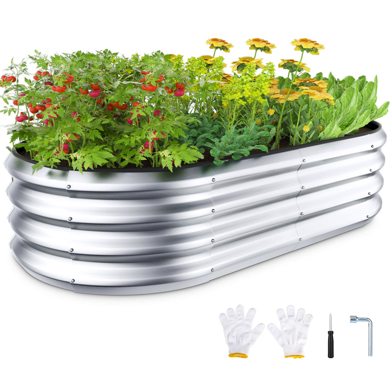 Galvanized steel outdoor raised garden bed planter box with vegetables and flowers, includes gardening gloves and assembly tools.