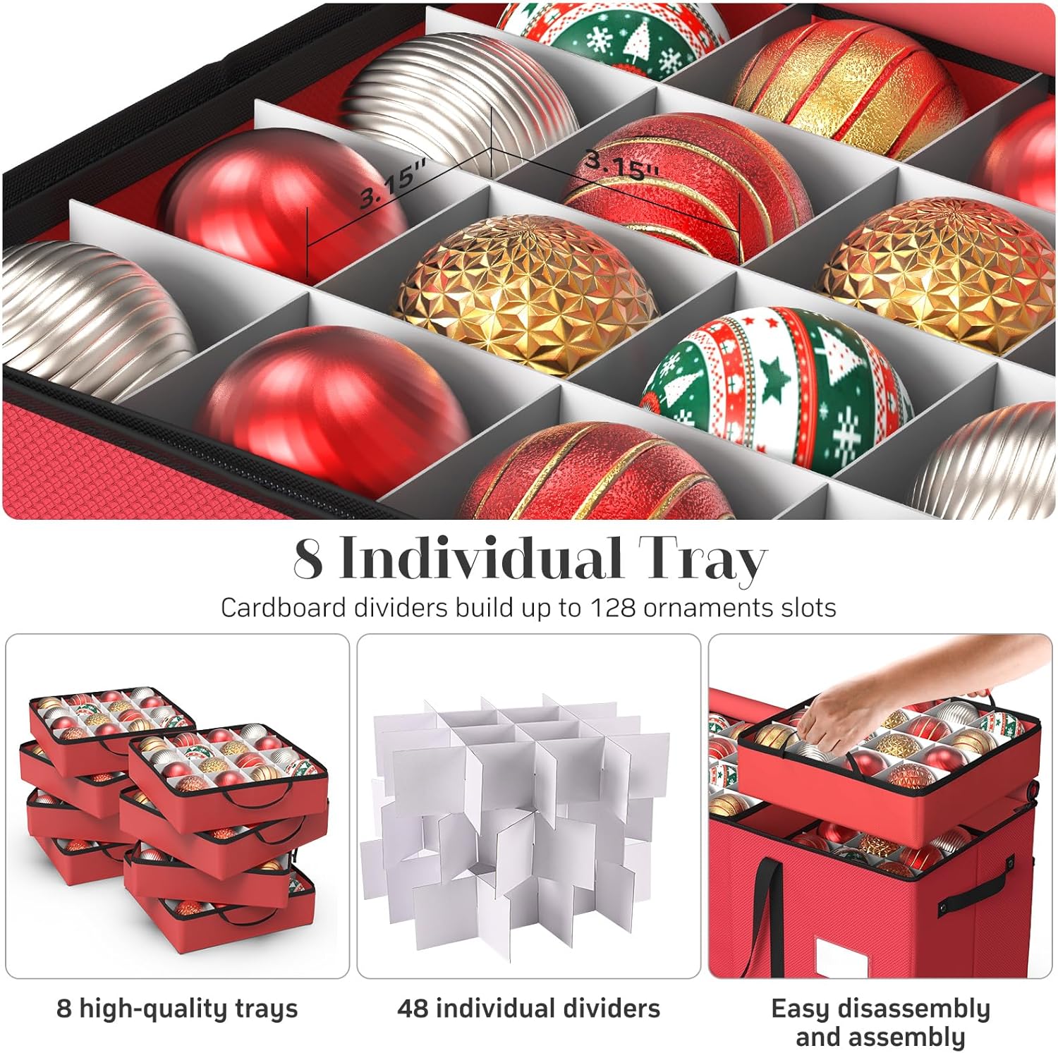 Christmas Ornament Storage Box with 8 Trays(Red)