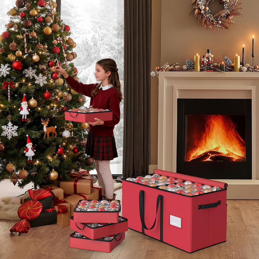 Christmas Ornament Storage Box with 8 Trays(Red)