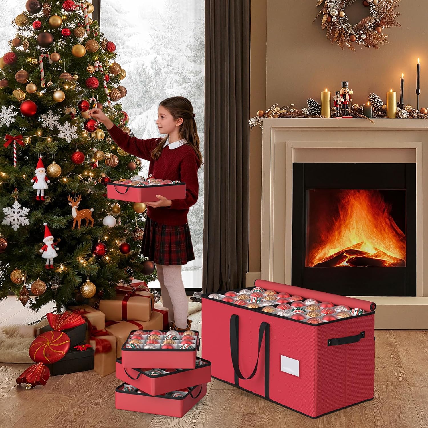 Christmas Ornament Storage Box with 8 Trays(Red)