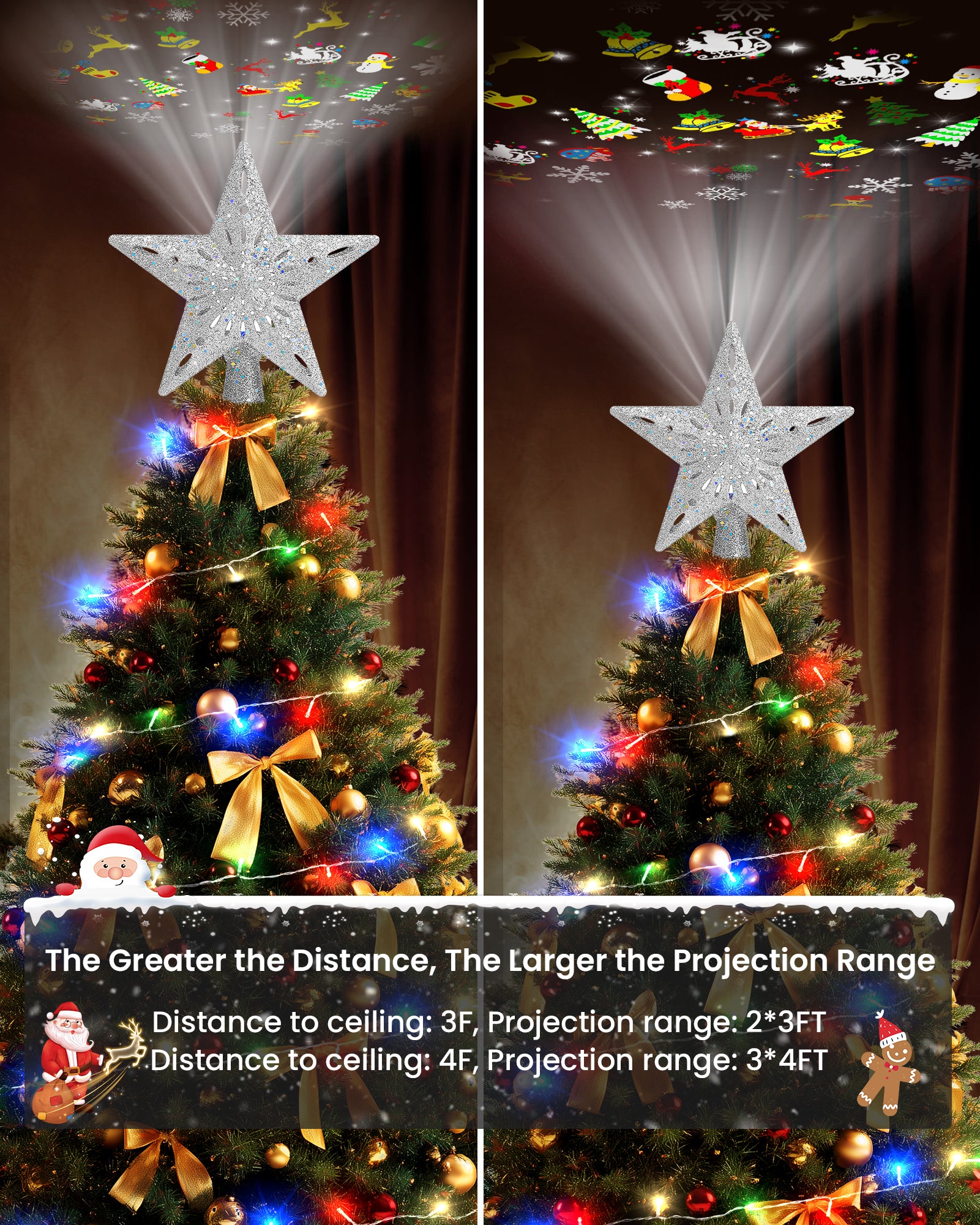 Christmas Tree Topper Star with Colorful Christmas String Lights (Silver)