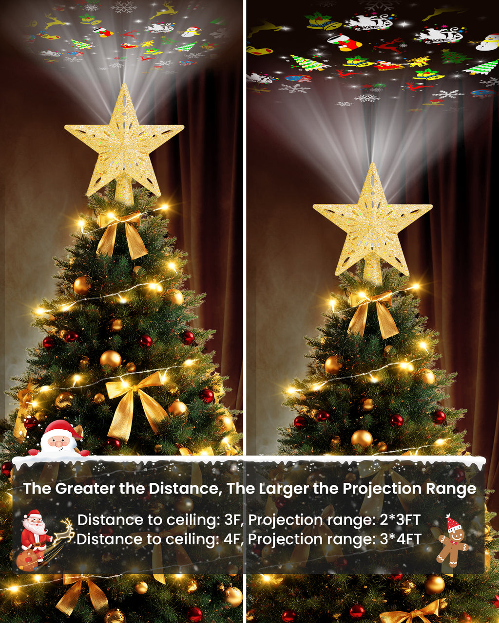 Christmas Tree Topper Star Lighted with Warm Christmas String Lights（Gold）