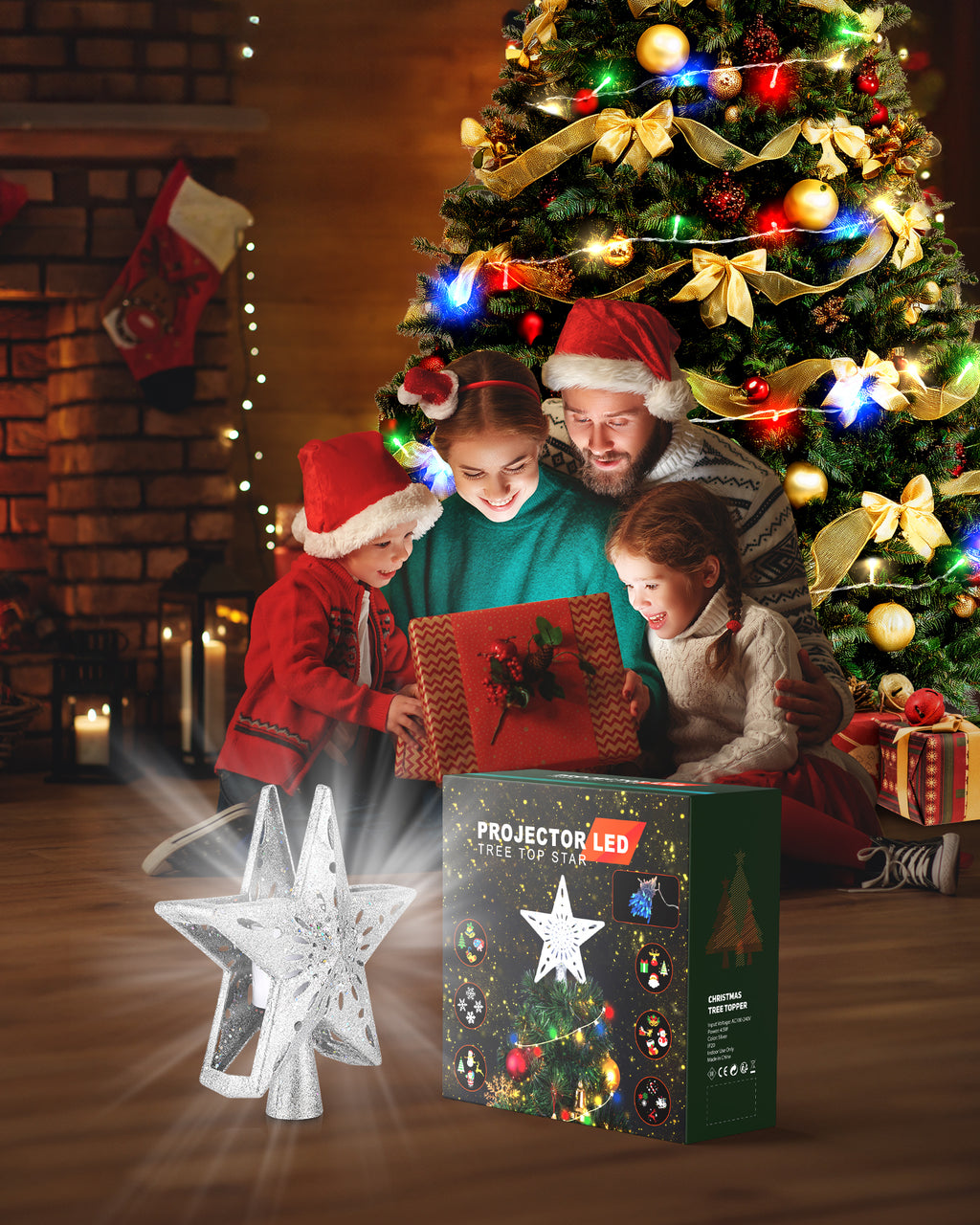 Christmas Tree Topper Star with Colorful Christmas String Lights (Silver)