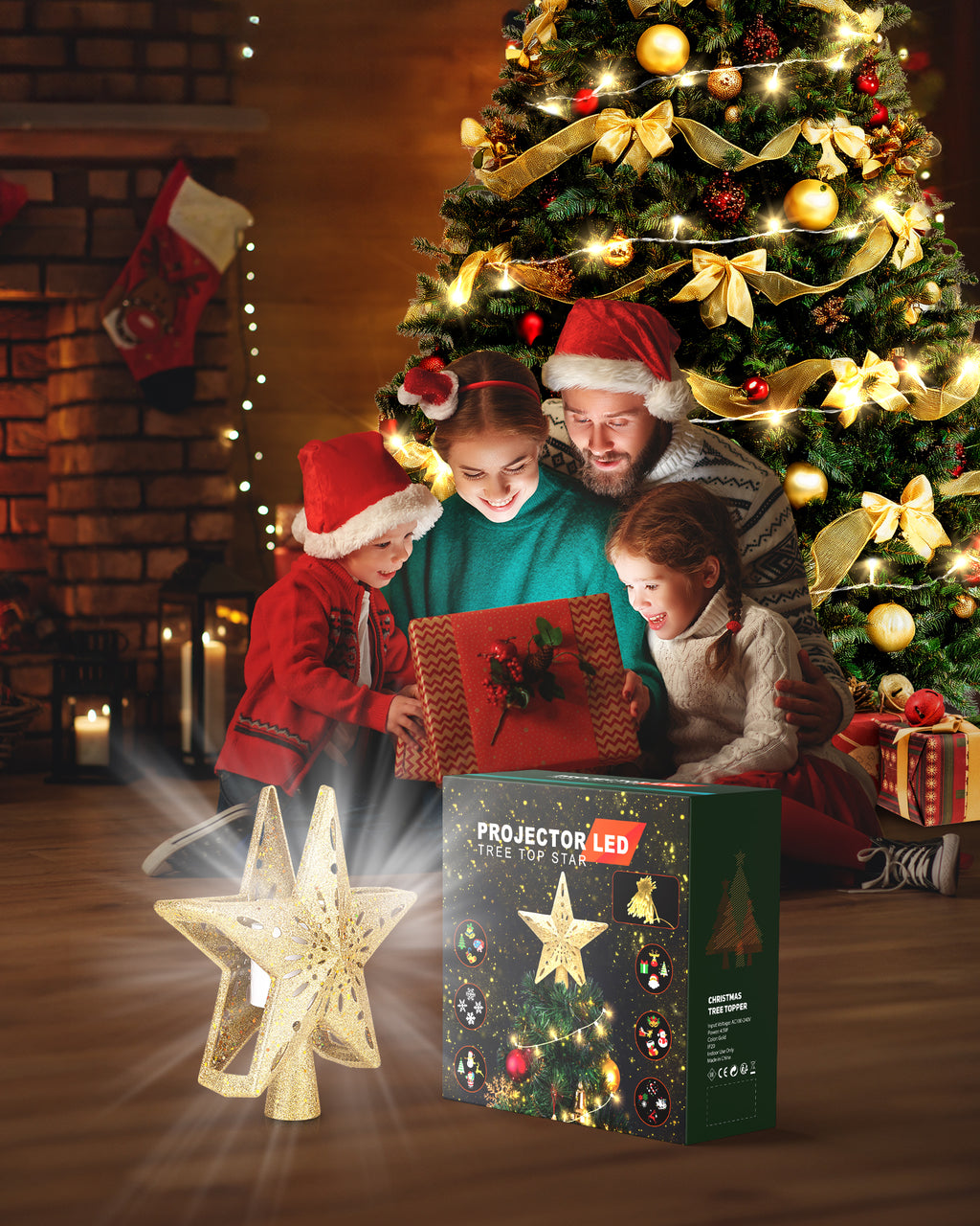 Christmas Tree Topper Star Lighted with Warm Christmas String Lights（Gold）
