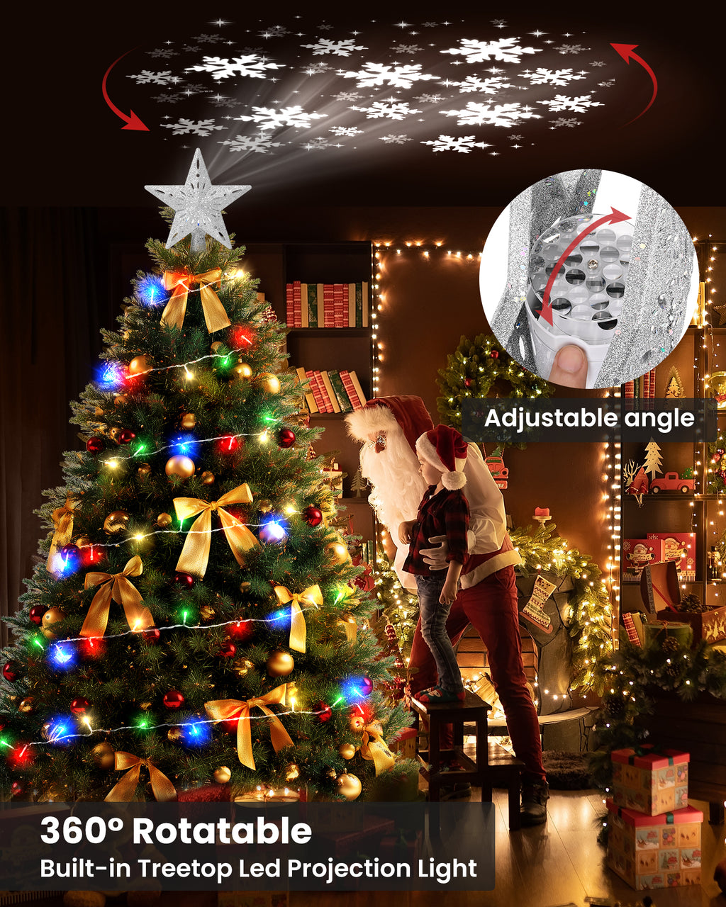 Christmas Tree Topper Star with Colorful Christmas String Lights (Silver)