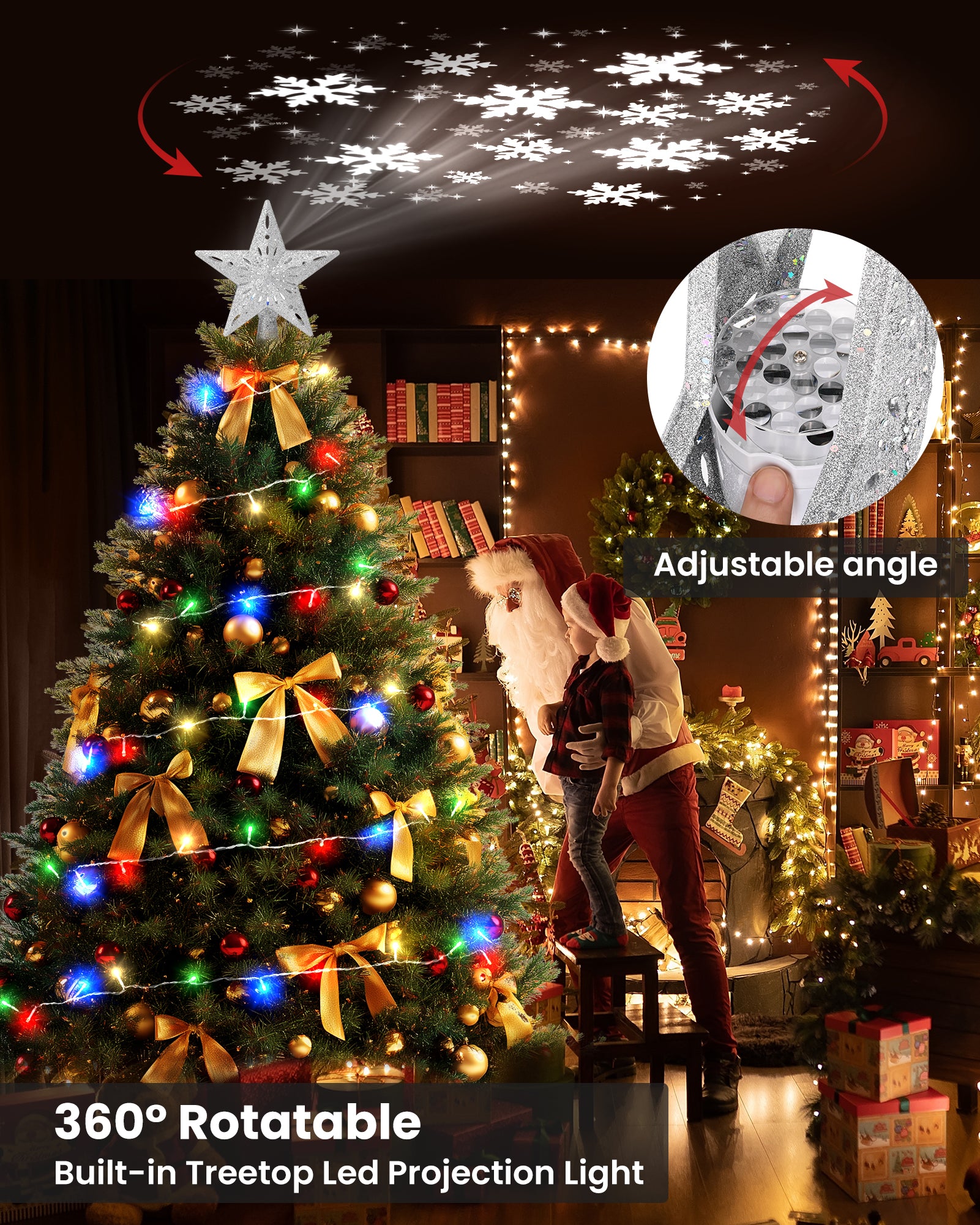 Christmas Tree Topper Star with Colorful Christmas String Lights (Silver)