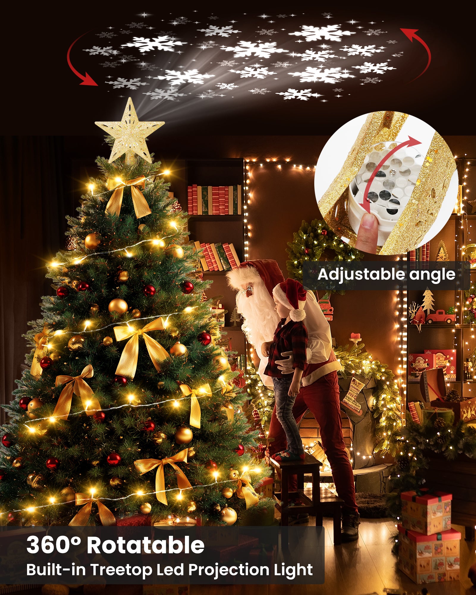 Christmas Tree Topper Star Lighted with Warm Christmas String Lights（Gold）
