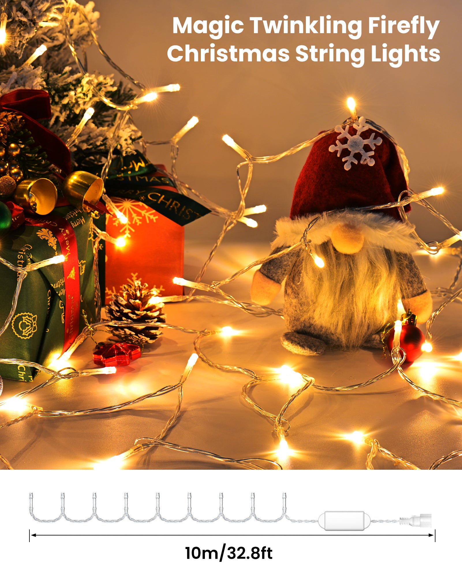 Christmas Tree Topper Star Lighted with Warm Christmas String Lights（Gold）