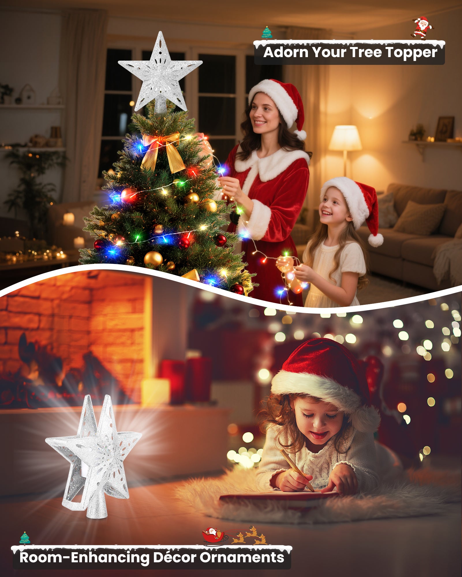 Christmas Tree Topper Star with Colorful Christmas String Lights (Silver)