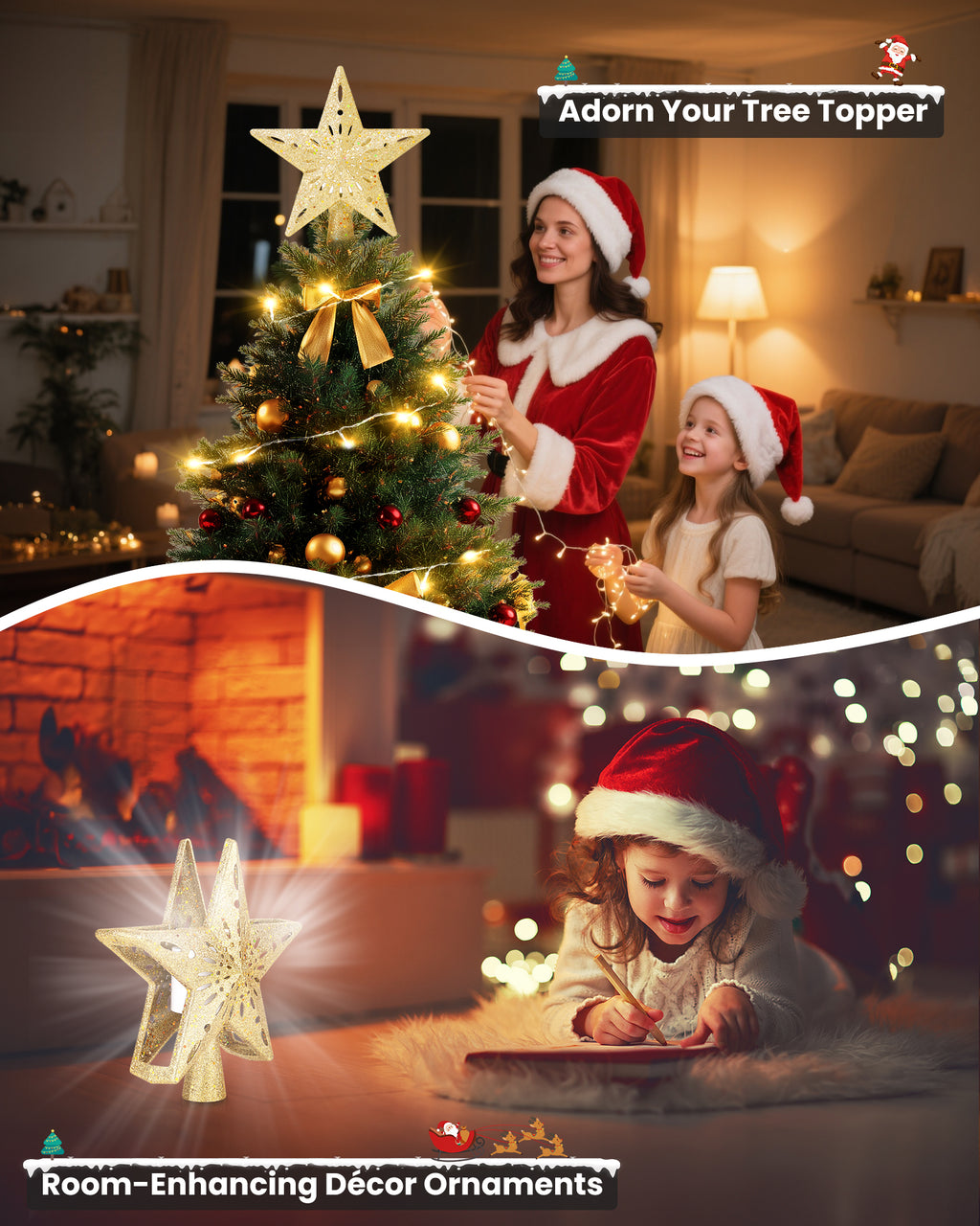 Christmas Tree Topper Star Lighted with Warm Christmas String Lights（Gold）