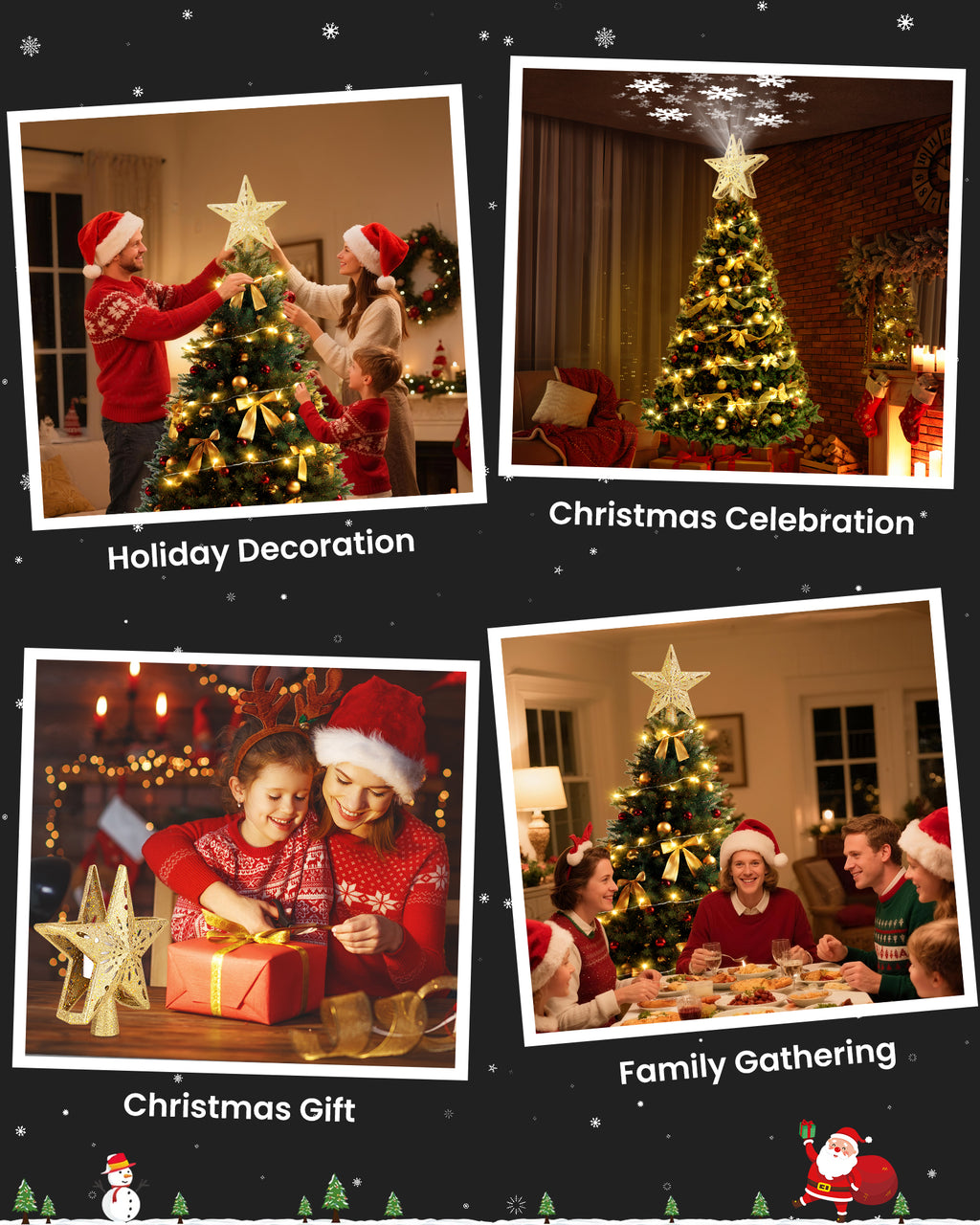 Christmas Tree Topper Star Lighted with Warm Christmas String Lights（Gold）