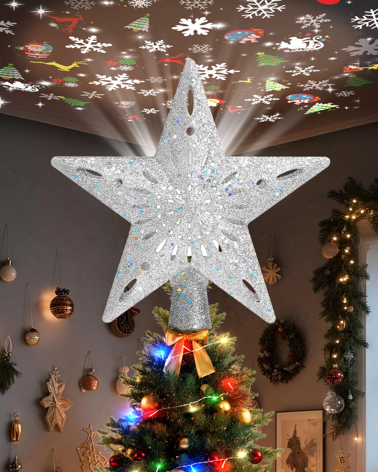 Christmas Tree Topper Star with Colorful Christmas String Lights (Silver)