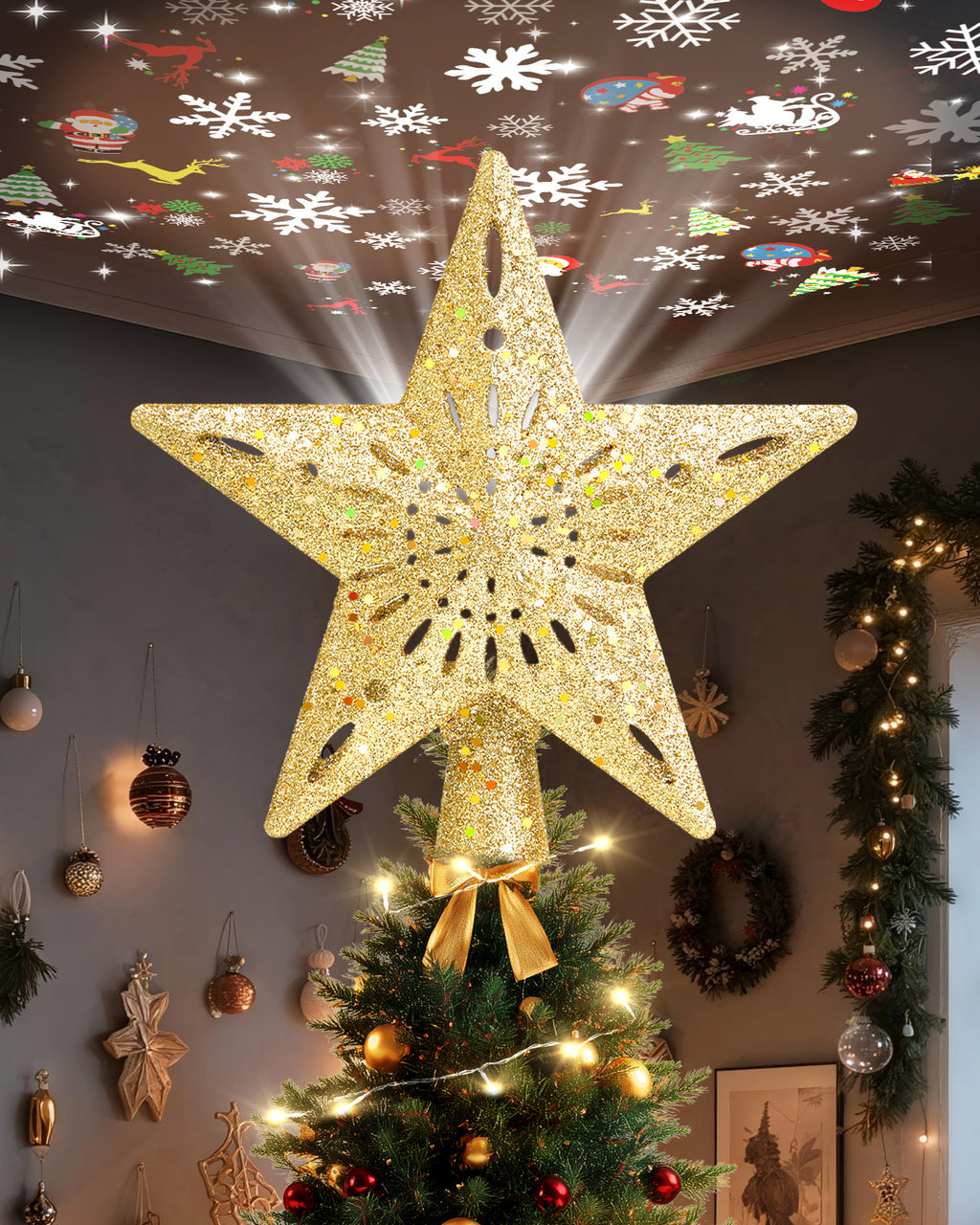 Christmas Tree Topper Star Lighted with Warm Christmas String Lights（Gold）